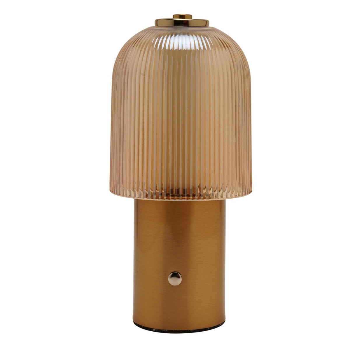 Ribbed dome USB LED touch table lamp with a champagne glass shade and brushed bronze cylindrical base, gold-tone cap and touch dot, on a plain white background.