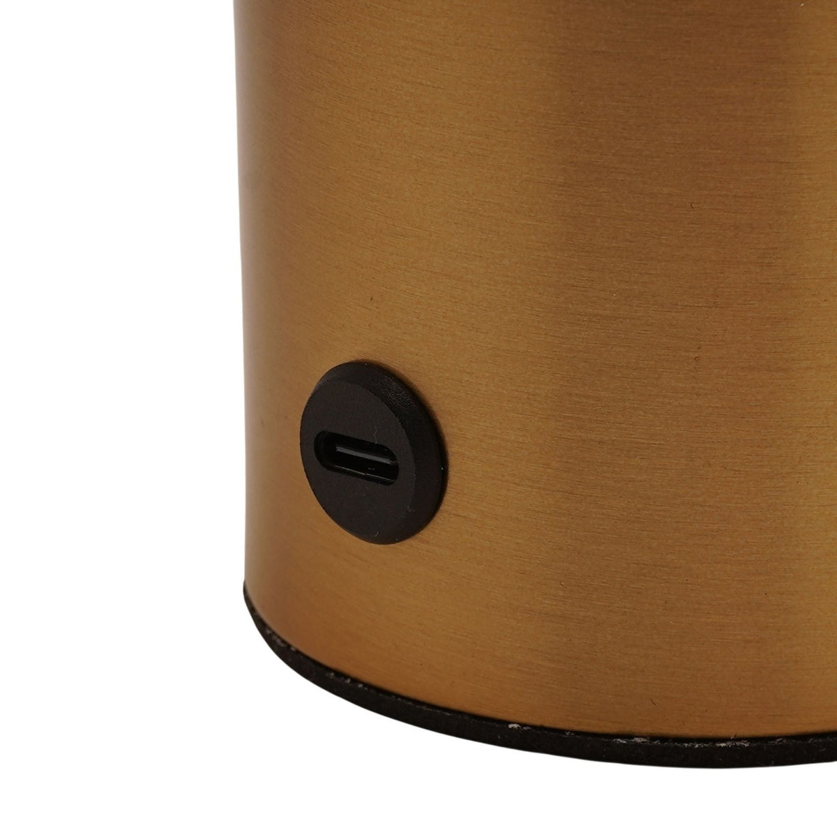 Close-up of the Ribbed Dome USB LED Touch Table Lamp's bronze base showing a black USB-C charging port set into the brushed metal surface.