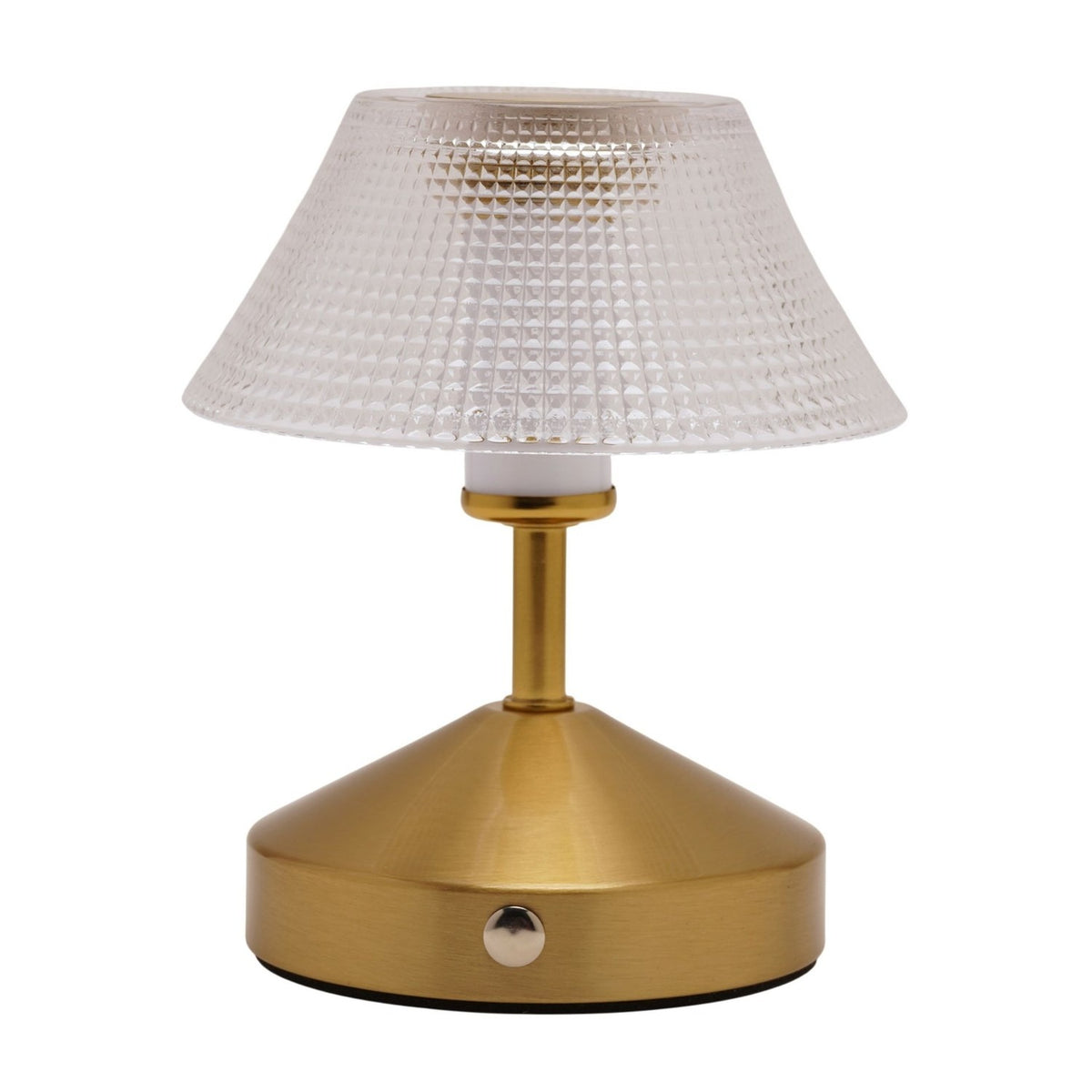 Small table lamp with a clear diamond-etched glass shade on a brushed bronze-toned base, featuring a touch control and round stud detail, shown on a plain white background.