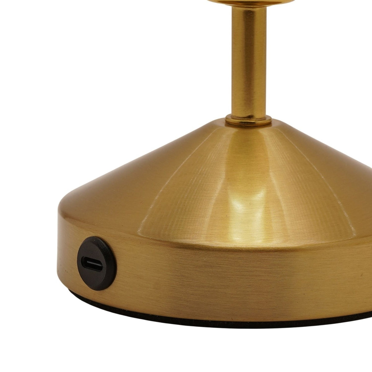 Close-up of the Small Diamond Etched Glass Bronze USB LED Touch Table Lamp base, showing a brushed bronze sloping cone, slim stem, and USB-C port on a plain white background.