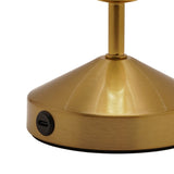 Close-up of the Small Diamond Etched Glass Bronze USB LED Touch Table Lamp base, showing a brushed bronze sloping cone, slim stem, and USB-C port on a plain white background.
