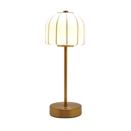 Ribbed Soft Touch Shaded USB LED Table Lamp in bronze and white, with a dome-shaped ribbed fabric shade on a slim bronze stem and round base, shown lit on a plain white background.