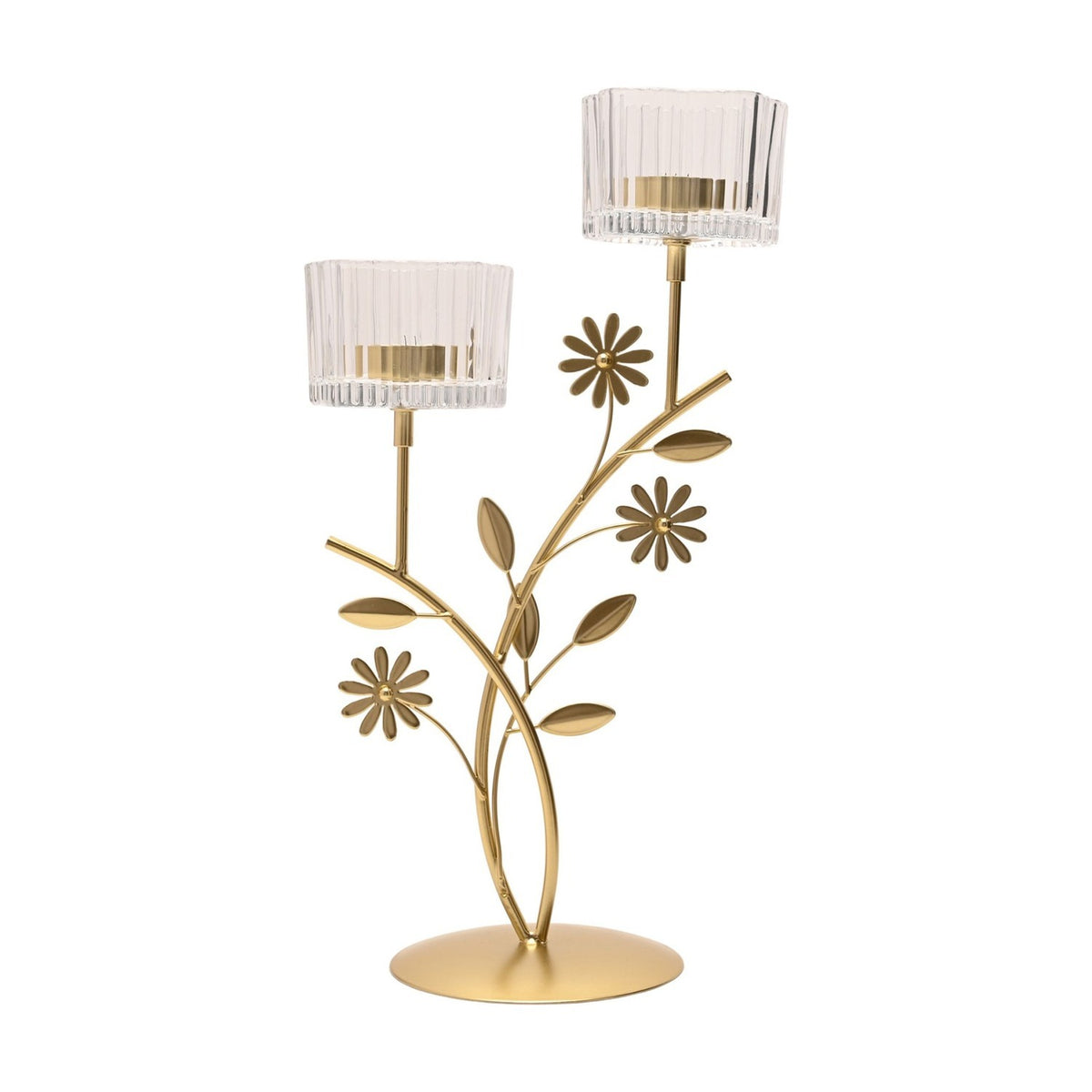 Floral Branch Double Metal Candle Holder in gold with daisy and leaf details on two stems, each topped with a clear ribbed glass cup, set on a round base against a plain white background.