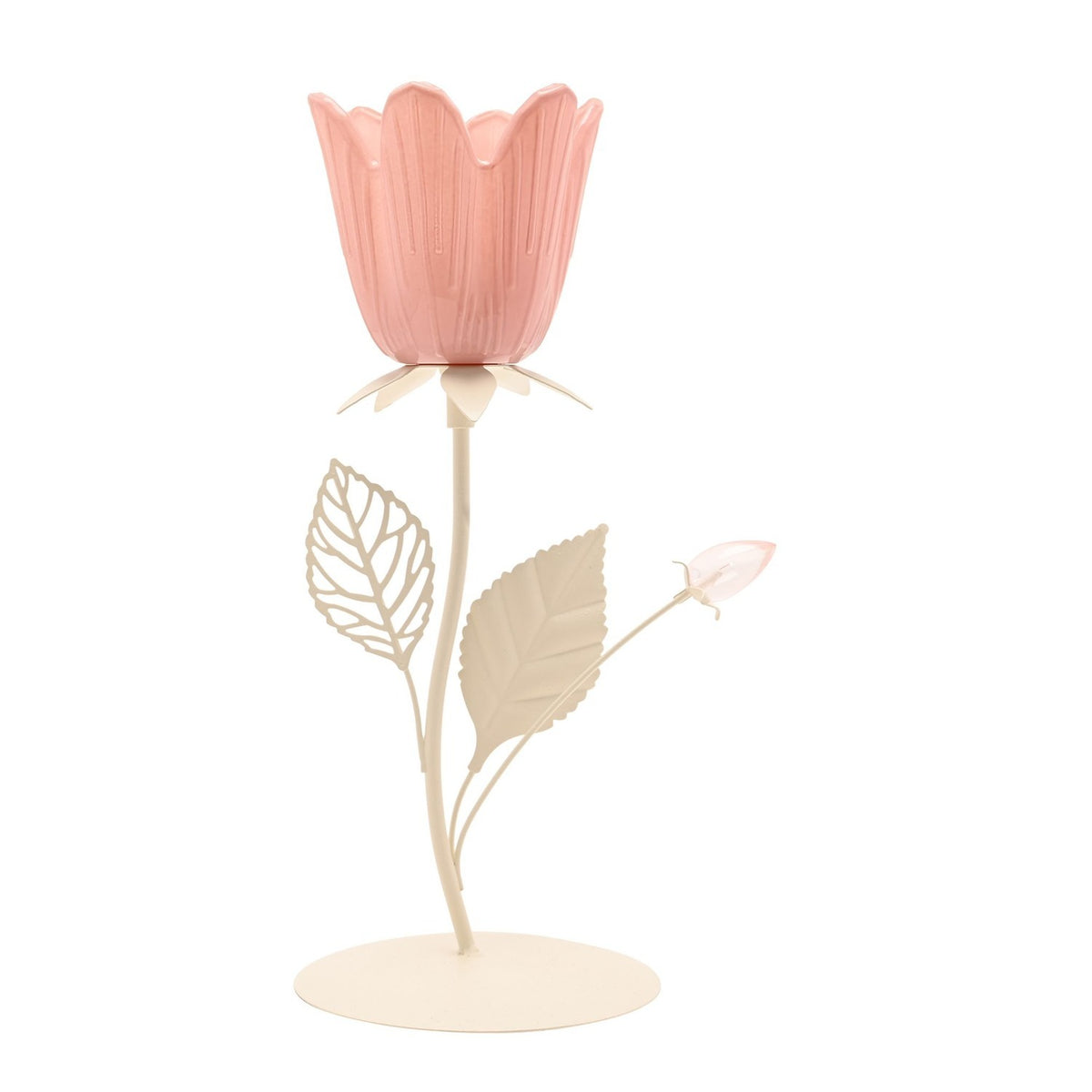 Floral single candle holder with a pink tulip-shaped cup on a cream metal stem, featuring two leaves and a small bud, set on a round base against a plain white background.