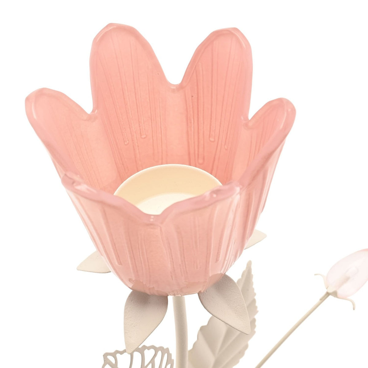 Floral Single Candle Holder with Metal Leaves in Pink & Cream, close-up of the tulip-shaped pink cup with ridged petals, cream centre, and metal leaves on a plain white background.