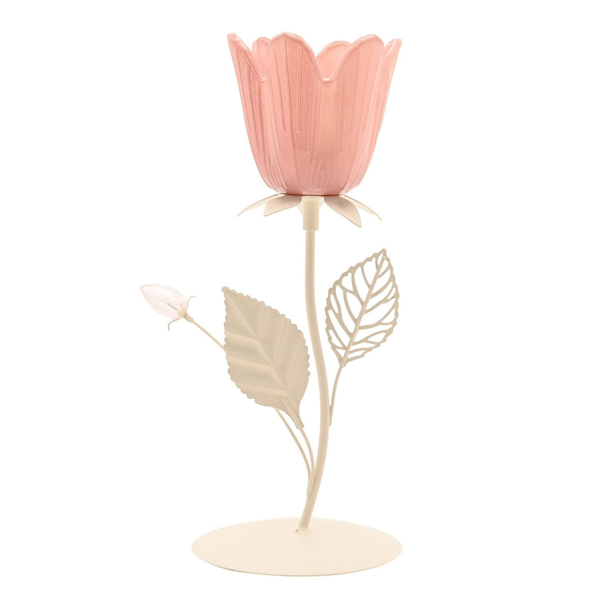 Floral single candle holder with a pink tulip-shaped cup on a cream metal stem, featuring two leaf details and a small bud, set on a round base against a white background.