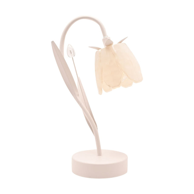 Cream battery LED table lamp shaped like a flower, with a bell-shaped petal shade, curved stem, slender leaves and a small bud, on a round base against a plain white background.
