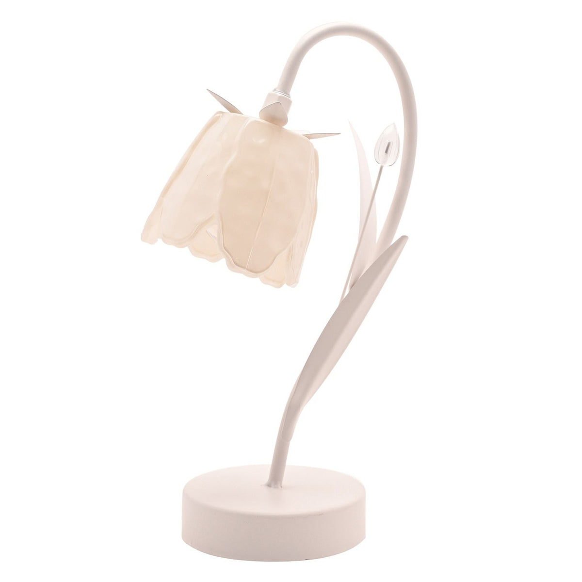 Battery LED table lamp with a cream bell-shaped floral shade on a curving stem, flanked by slender leaves and a small bud, set on a round base against a plain white background.