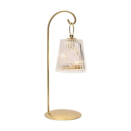 Single LED table lamp with a slender gold curved stand and round base, clear textured bell-shaped shade hanging from a gold hook, on a plain white background.