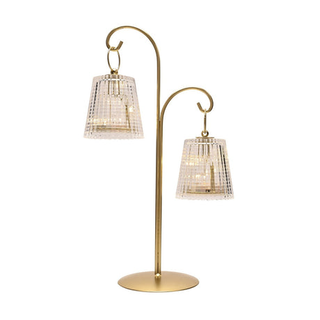 Hanging Shade Double LED Table Lamp 39.9cm in gold, with a curved stand holding two clear ribbed shades at staggered heights on a round base, shown on a plain white background.