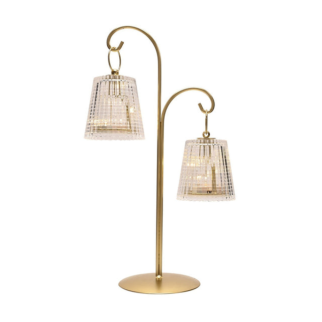 Hanging Shade Double LED Table Lamp 39.9cm in gold, with a curved stand holding two clear ribbed shades at staggered heights on a round base, shown on a plain white background.