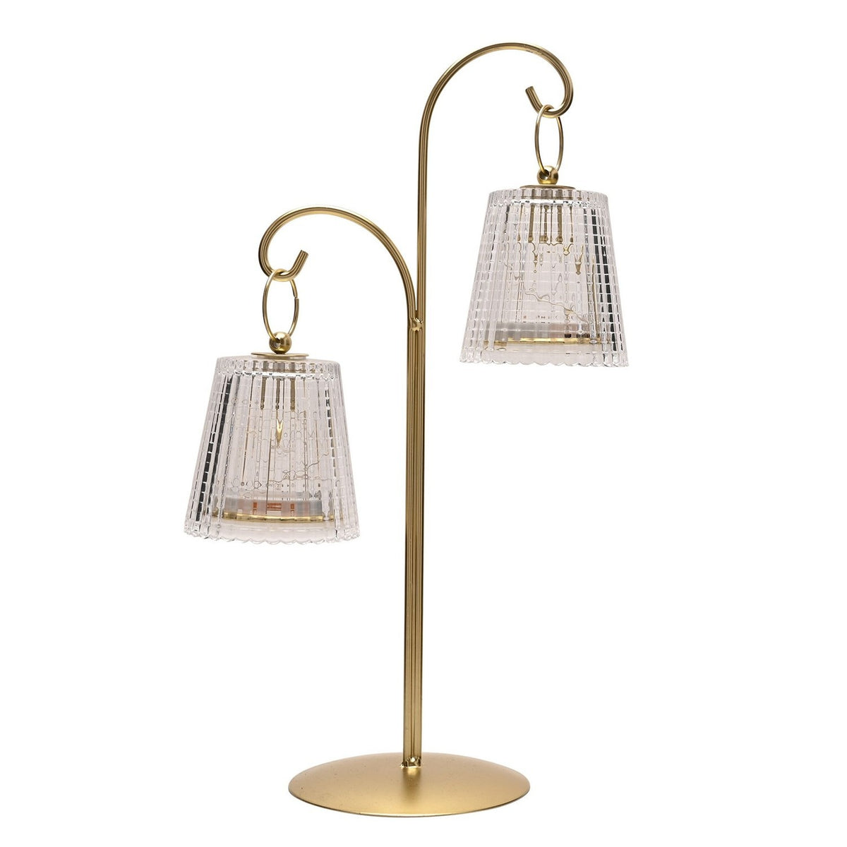 Hanging Shade Double LED Table Lamp 39.9cm in gold with two clear ribbed shades on curved arms at differing heights, round flat base, plain white background.