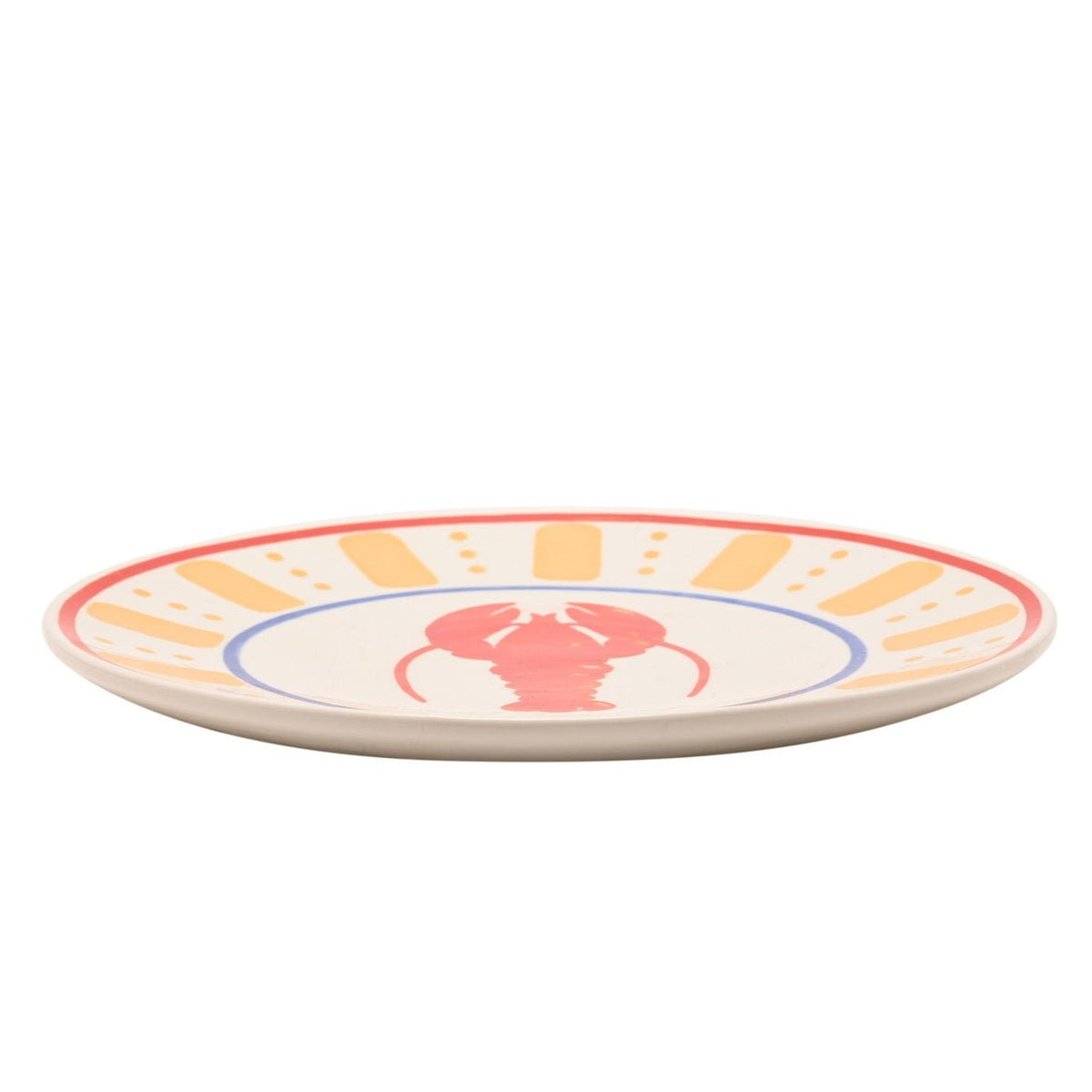 Side view of a round cream dinner plate with a red lobster at the centre, blue ring border, orange-yellow dashes and dots, and a red rim line, on a white background.