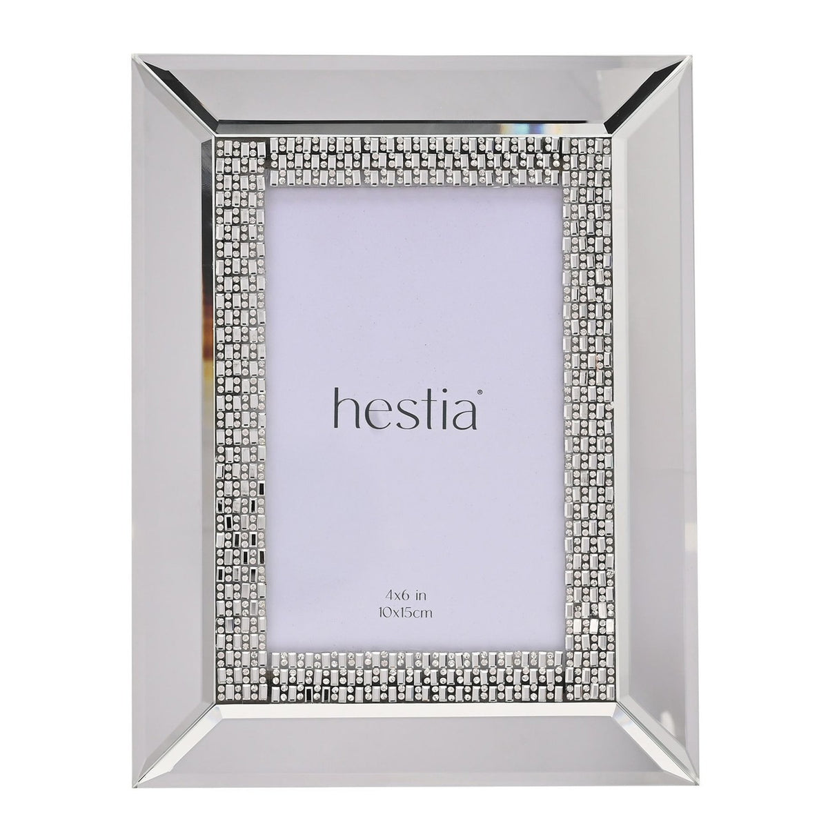 Rectangular mirrored glass photo frame with bevelled silver border and a diamante band of square and round stones, shown with a 4x6in insert on a white background.