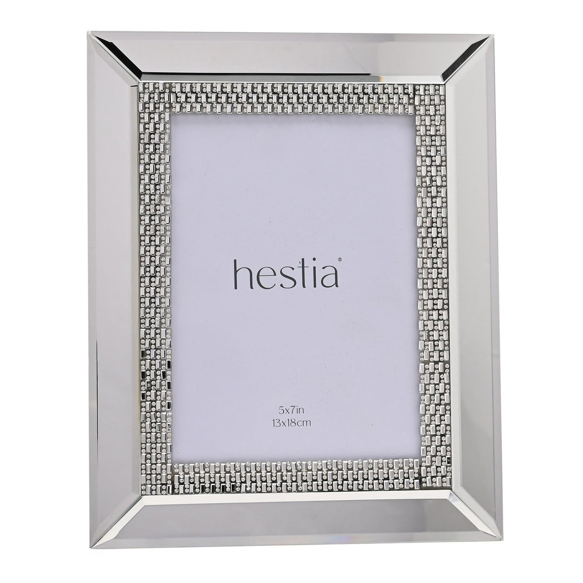 Rectangular mirrored glass photo frame with bevelled silver border and diamante stone band around a 5x7in opening, shown on a plain white background.