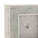 Close-up of the Square Glitter Leaf Design Mantel Clock in grey, showing the pale square dial with baton markers, silver hands, and silver glitter leaf motif on the corner edge.