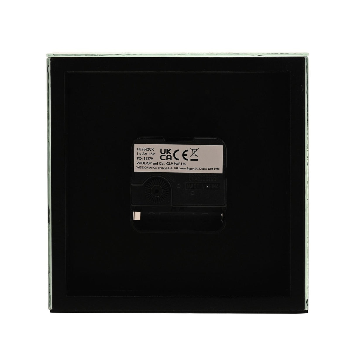 Rear view of the Square Glitter Leaf Design Mantel Clock in grey, showing the black clock mechanism, AA battery compartment, and specification label.