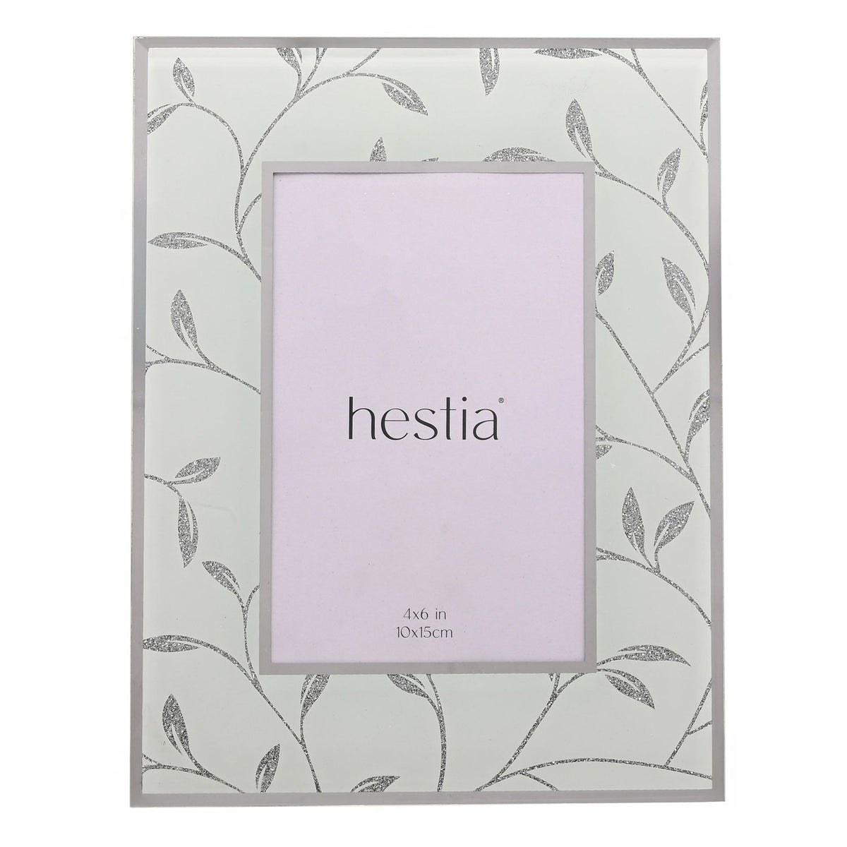 Rectangular glass photo frame with glittering silver leaf and vine design on a frosted white ground, holding a 4x6in insert, shown on a plain background.