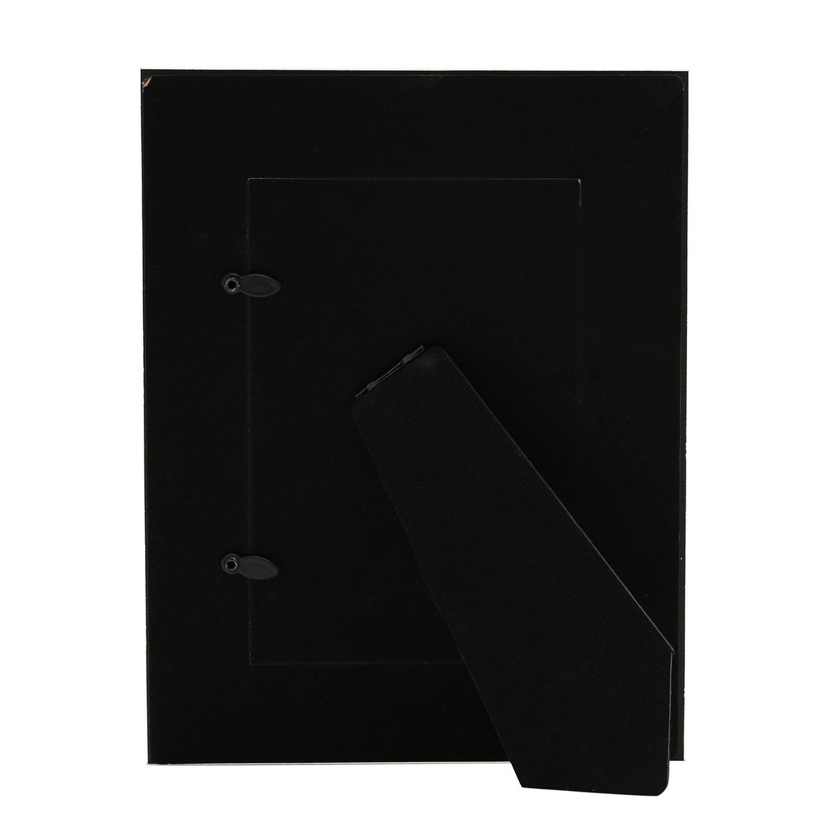 Rear view of the Glitter Leaf Vine Design Glass Photo Frame in white & silver, showing a black backing panel with hinged stand and hanging tabs on a plain white background.