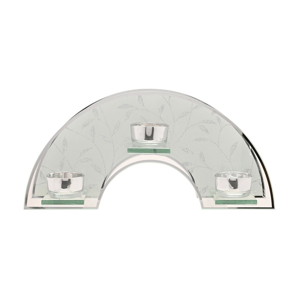 Glitter Leaf Glass Triple Tealight Candle Holder - Silver & Clear