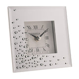 Square mirrored mantel clock with scattered diamante accents, white dial, black Roman numerals and hands, silver centre cap, shown on a plain white background.