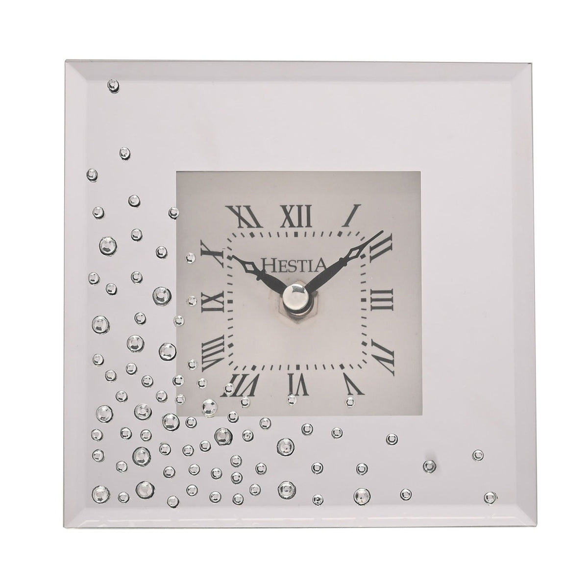 Square mirrored mantel clock in silver with scattered diamante accents and a white square dial featuring black Roman numerals, set against a plain white background.
