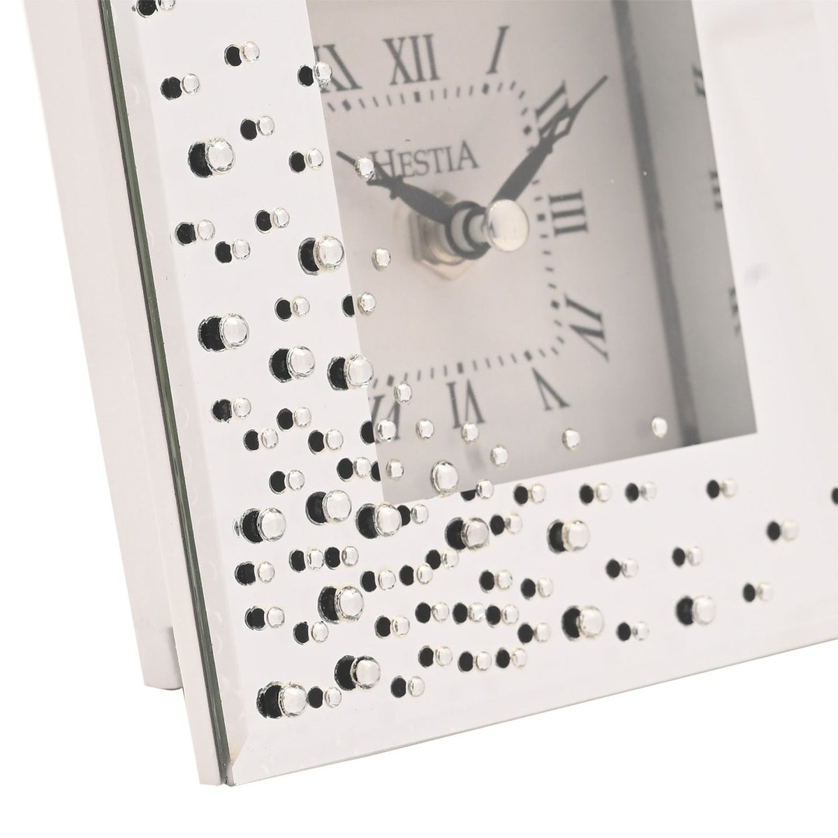 Close-up of the Scatter Diamante Square Mantel Clock in silver, showing the white dial with black Roman numerals and clear diamante detailing on the mirrored frame.