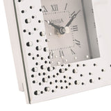 Close-up of the Scatter Diamante Square Mantel Clock in silver, showing the white dial with black Roman numerals and clear diamante detailing on the mirrored frame.