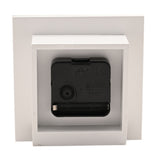Rear view of the Scatter Diamante Square Mantel Clock showing the black battery-operated quartz clock movement with 1.5V compartment, set within a white square casing on a plain background.