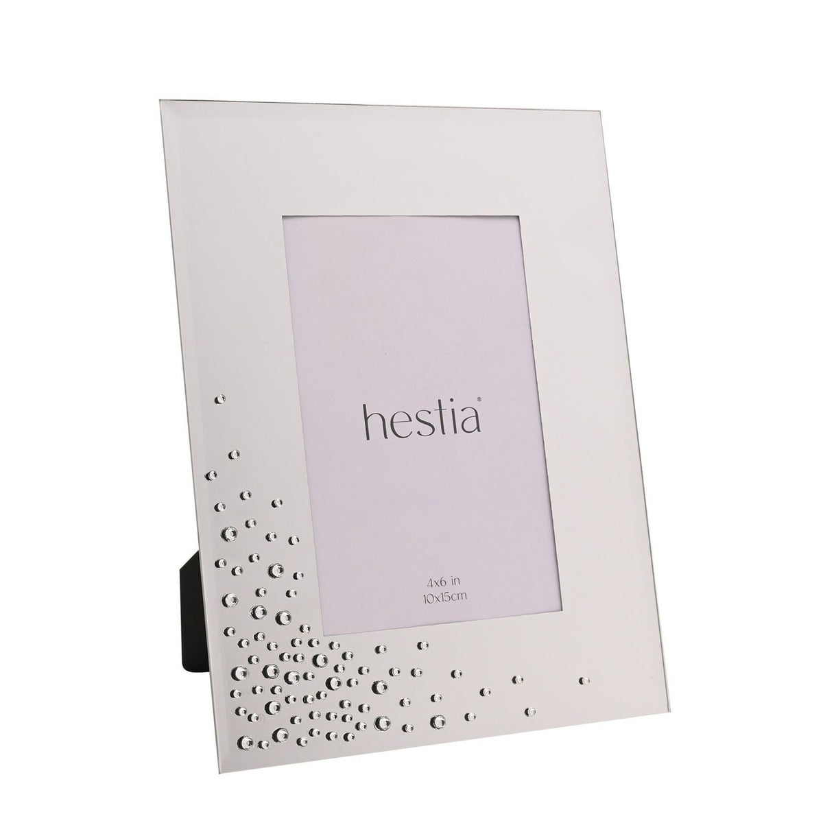 Silver glass photo frame with bevelled edge and clear diamante scatter detail across the lower corner, shown with rear easel stand on a plain white background.