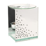 Scatter Diamante Glass Oil and Wax Melt Burner in silver, a rectangular mirrored piece with a clear glass dish on top and diamante accents clustered at the base, shown against a white background.