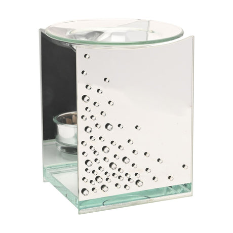 Scatter Diamante Glass Oil and Wax Melt Burner in silver, a rectangular mirrored piece with a clear glass dish on top and diamante accents clustered at the base, shown against a white background.