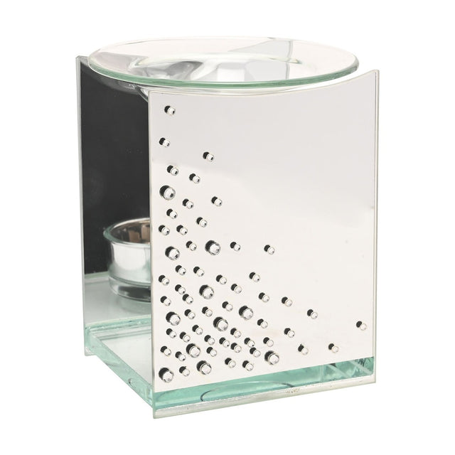 Scatter Diamante Glass Oil and Wax Melt Burner in silver, a rectangular mirrored piece with a clear glass dish on top and diamante accents clustered at the base, shown against a white background.