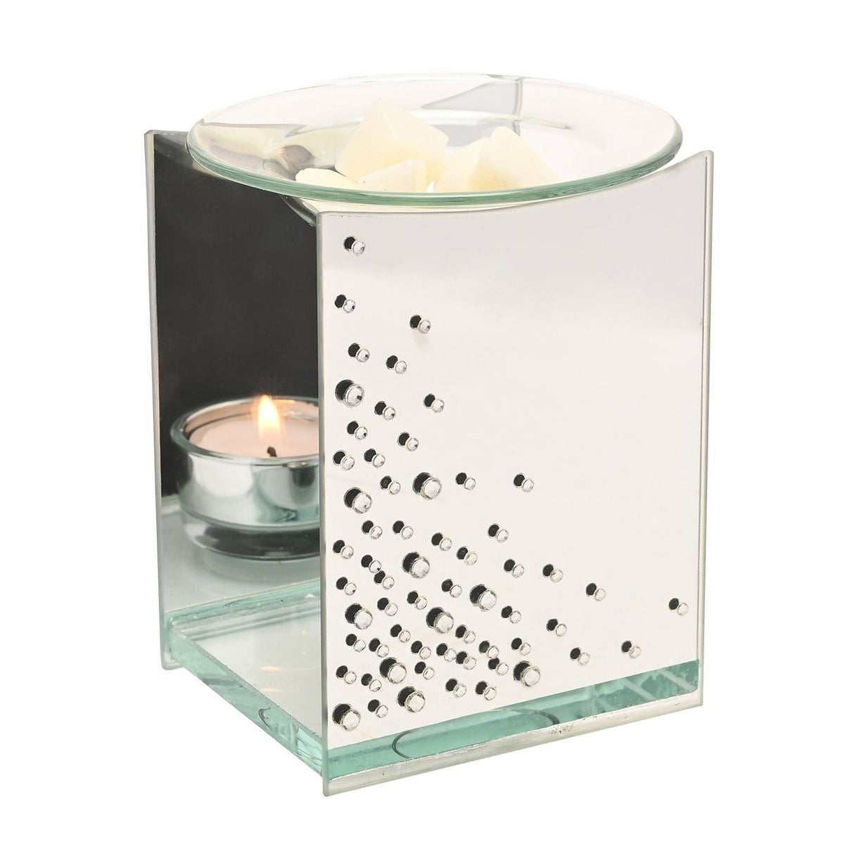 Rectangular mirrored silver glass wax melt burner with scattered clear diamante detail, open sides holding a lit tealight, and a round glass dish on top with wax melts, shown on a white background.