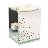 Rectangular mirrored silver glass wax melt burner with scattered clear diamante detail, open sides holding a lit tealight, and a round glass dish on top with wax melts, shown on a white background.