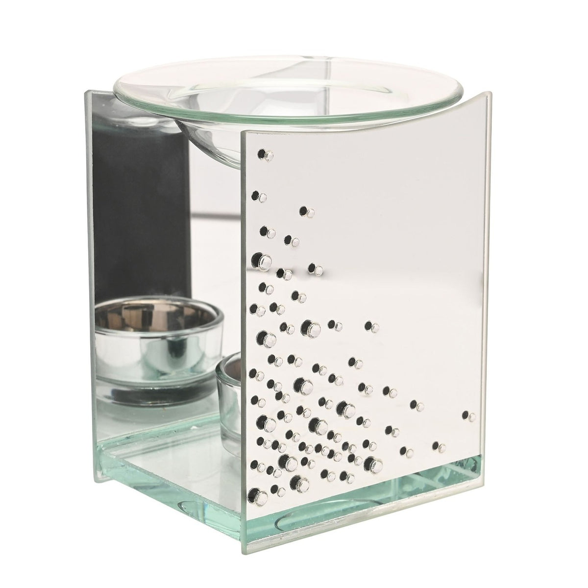 Rectangular glass wax melt burner with mirrored silver panels and clear diamante accents at one corner, clear dish on top and tealight holder inside, shown on white background.