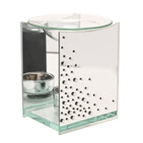 Rectangular glass wax melt burner with mirrored silver panels and clear diamante accents at one corner, clear dish on top and tealight holder inside, shown on white background.