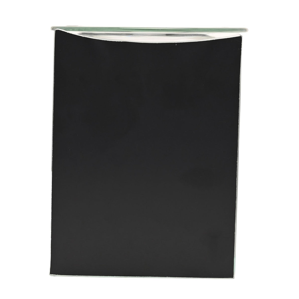 Rectangular glass wax melt burner with mirrored silver panels and a clear glass dish on top, shown against a plain white background.