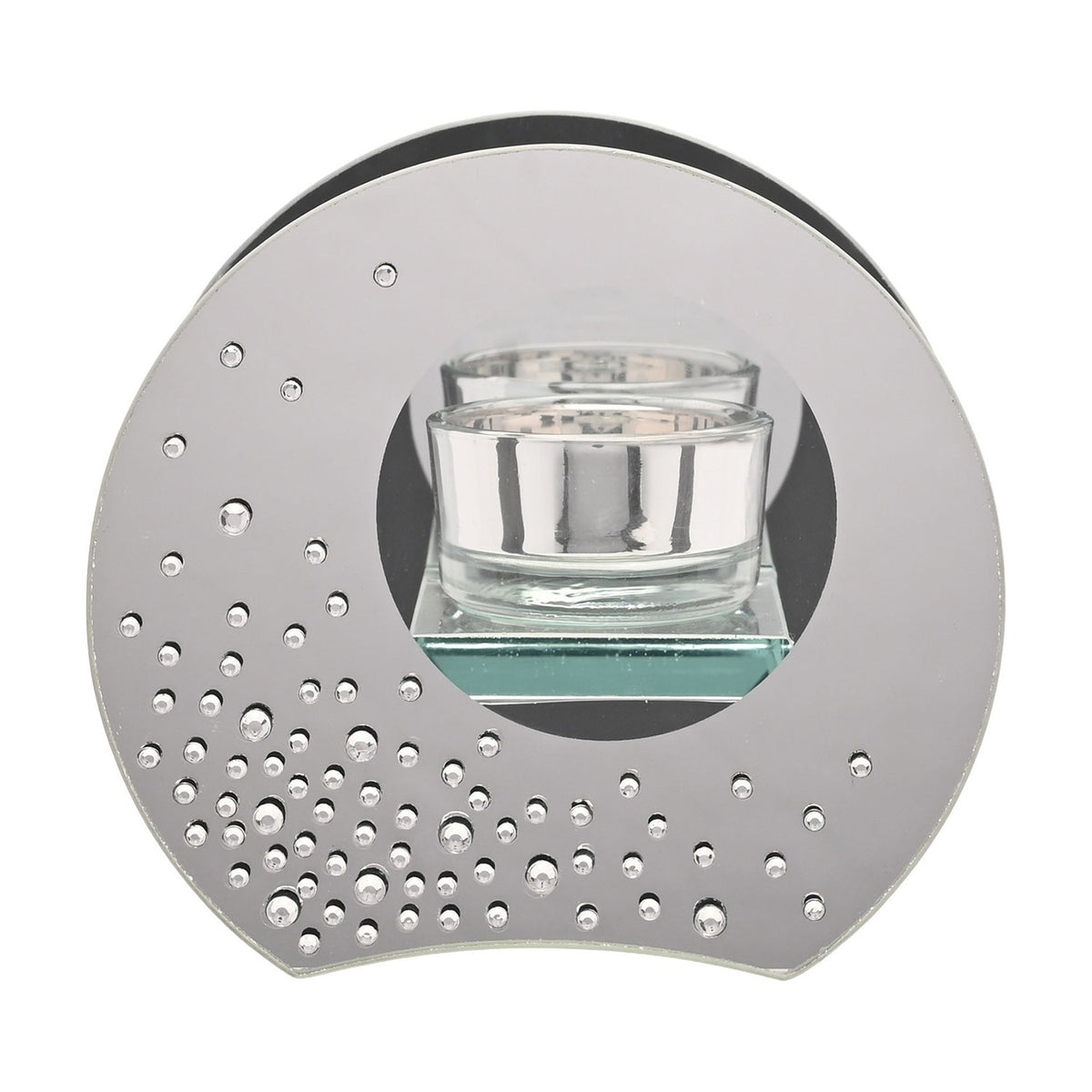 Round silver mirrored glass tealight candle holder with a clear glass votive in a circular cut-out window, scattered diamante crystals clustered along the lower edge, on a plain white background.