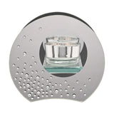 Round silver mirrored glass tealight candle holder with a clear glass votive in a circular cut-out window, scattered diamante crystals clustered along the lower edge, on a plain white background.