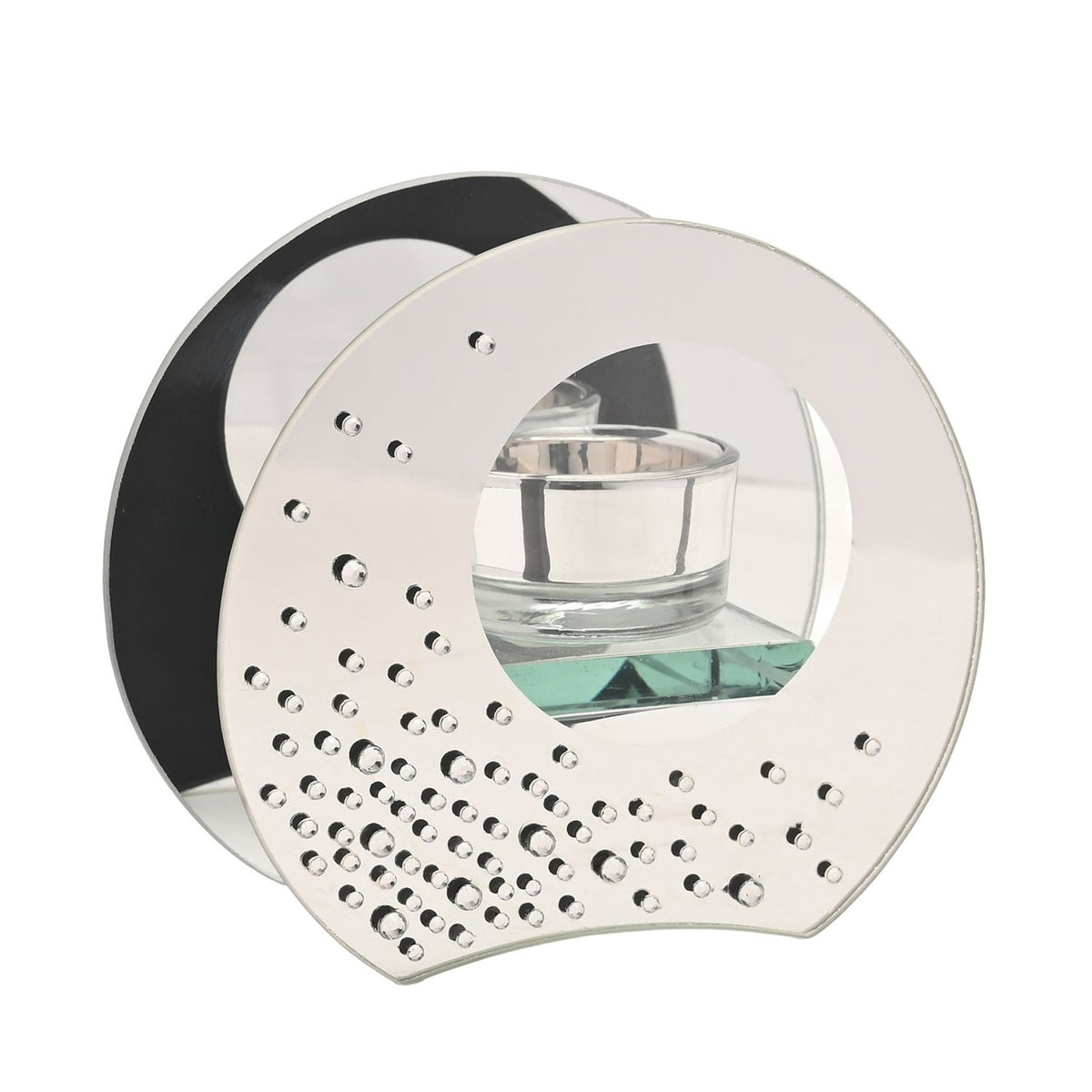 Round silver mirrored glass tealight candle holder with a circular window and scattered clear diamante accents, set against a plain white background.