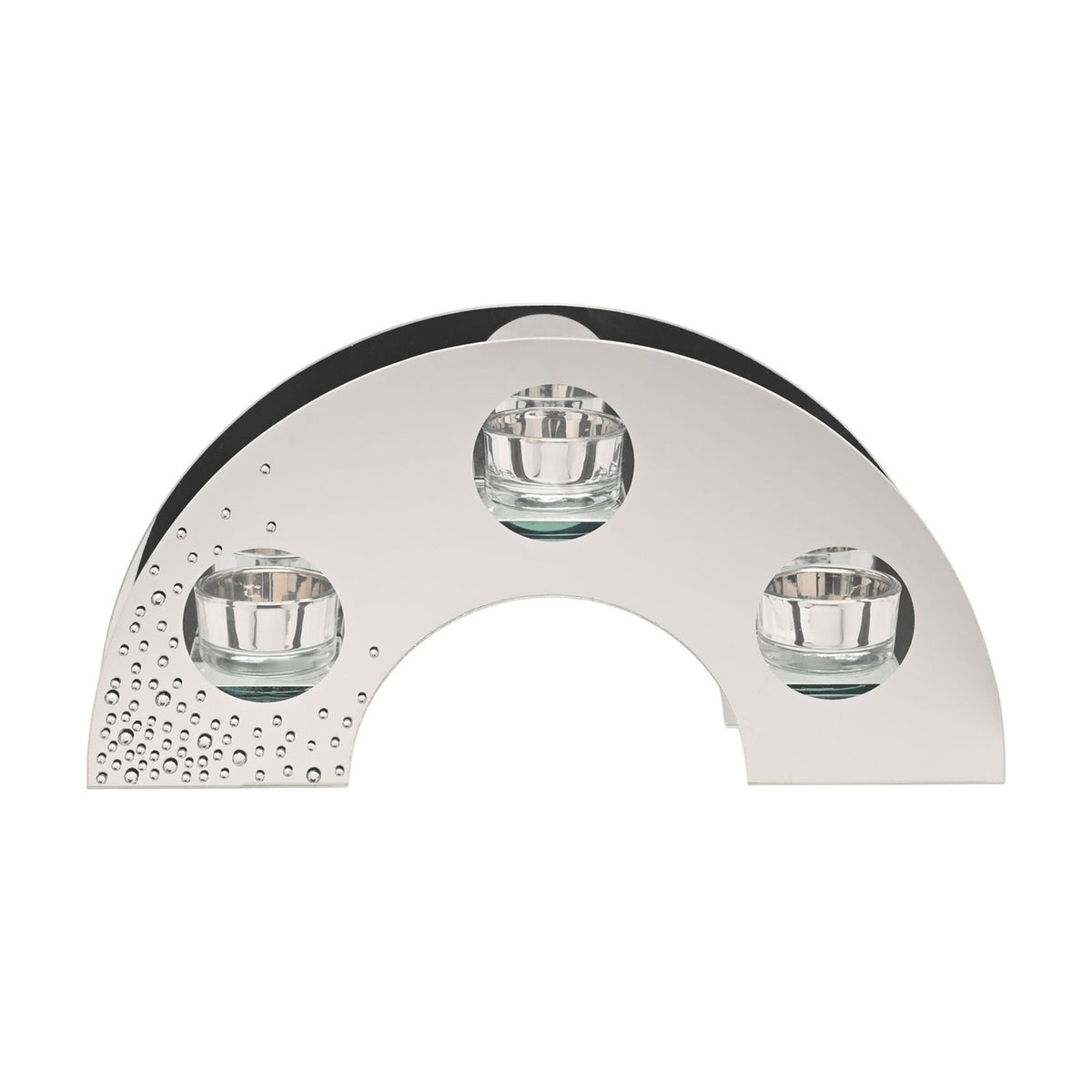 Arched silver mirrored glass candle holder with three round tealight windows and clear diamante scatter detail at one corner, shown on a plain white background.