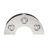 Arched silver mirrored glass candle holder with three round tealight windows and clear diamante scatter detail at one corner, shown on a plain white background.