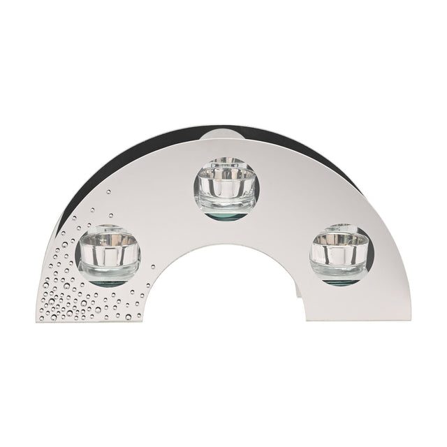 Arched silver mirrored glass candle holder with three round tealight windows and clear diamante scatter detail at one corner, shown on a plain white background.
