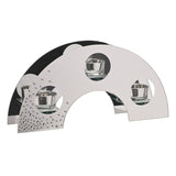 Arched silver mirrored tealight candle holder with three round cut-outs holding clear glass tealight cups and diamante detailing, set against a plain white background.