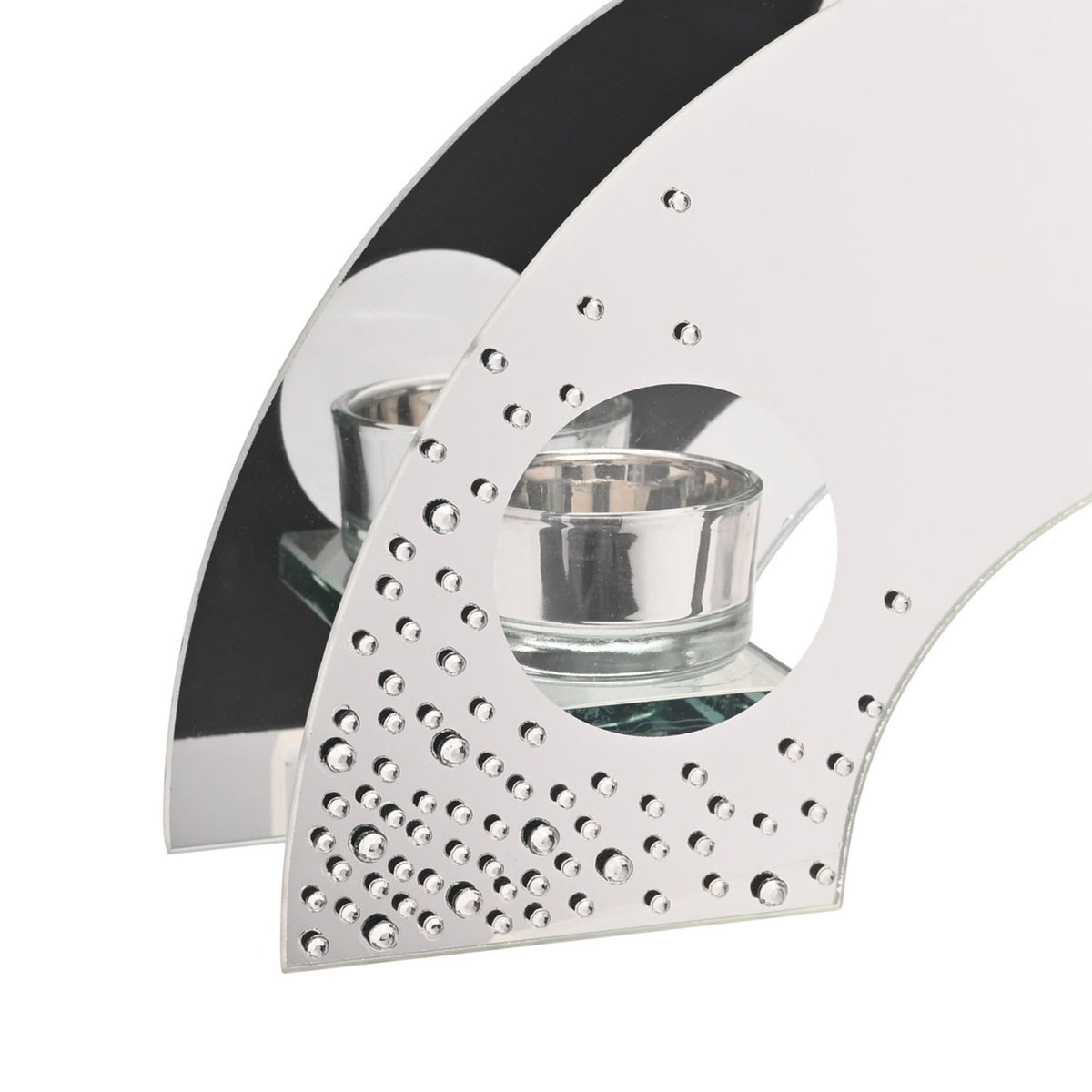 Close-up of the silver Scatter Diamante Triple Tealight Glass Candle Holder, featuring an arched mirrored panel with a round tealight window and scattered diamante detailing, on a white background.