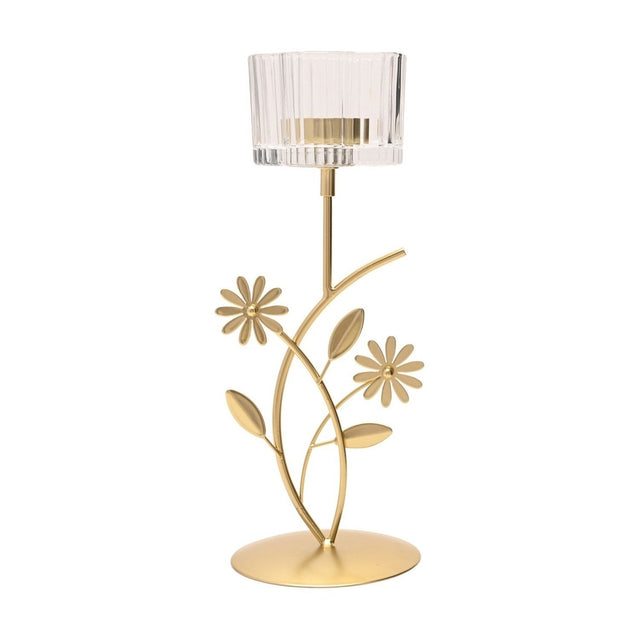 Gold metal single candle holder with floral and leaf stem design, round flat base, and clear ribbed glass cup with scalloped edge, on a plain white background.