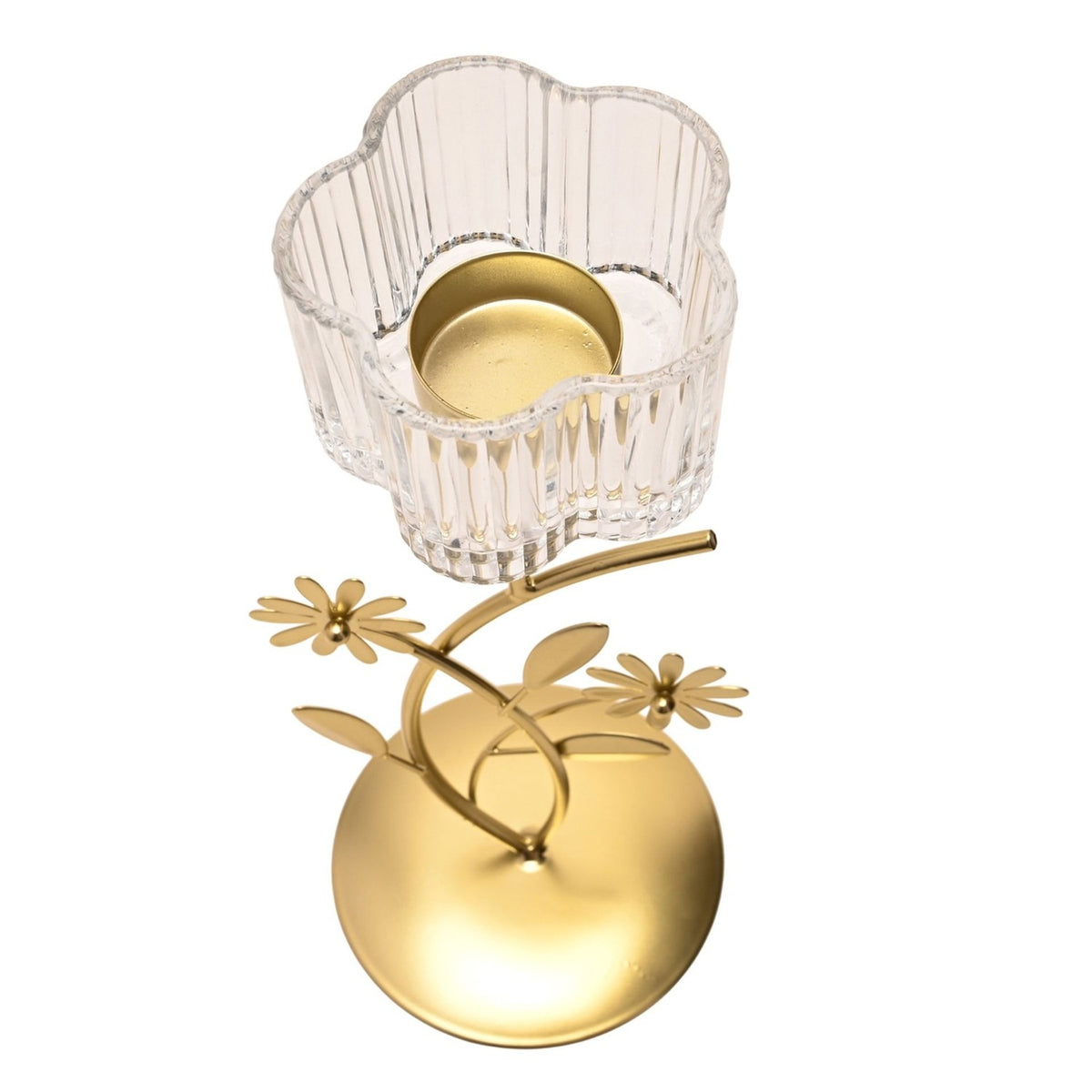 Floral Leaf Stem Metal Single Candle Holder in gold, featuring a scalloped clear ribbed glass cup atop a slender floral stem on a round gold base, shown on a white background.