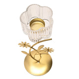 Floral Leaf Stem Metal Single Candle Holder in gold, featuring a scalloped clear ribbed glass cup atop a slender floral stem on a round gold base, shown on a white background.