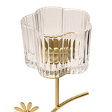 Floral Leaf Stem Metal Single Candle Holder in gold, featuring a clear ribbed glass cup with a scalloped petal edge atop a slender gold stem with leaf details, on a white background.